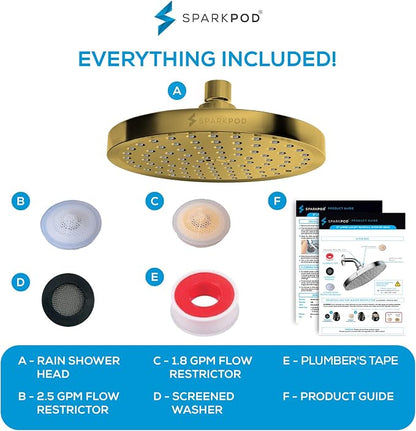 SparkPod Rain Shower Head, 8 Inch Round | High Pressure Shower Heads, 90 Nozzle (Touch-to-Clean), Adjustable Showerhead, No-tool Universal Connection