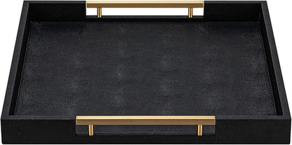 Black Faux Leather Decorative Serving Tray with Handles – Large Square for Coffee Table, Ottoman, Living Room & Bathroom Home Decor