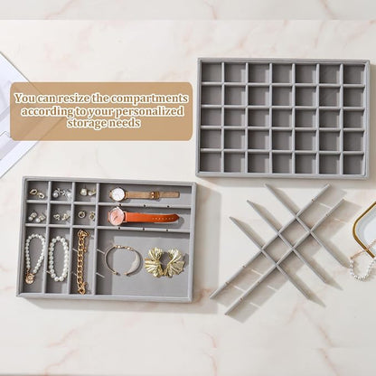 Large Velvet Jewelry Tray 2 Pack Stackable Jewelry Display Drawer Inserts Trays Organizer for Earring Bracelet Necklace Ring (Gray, 35 Grids)