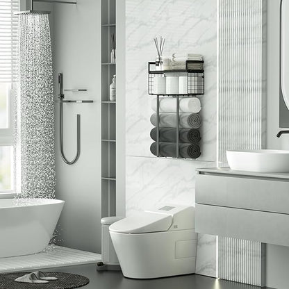 Towel Racks for Bathroom, Metal Towel Holder with Storage Basket,Wall Towel Rack for Rolled Towels, Towel Storage for Small Bathroom,Black