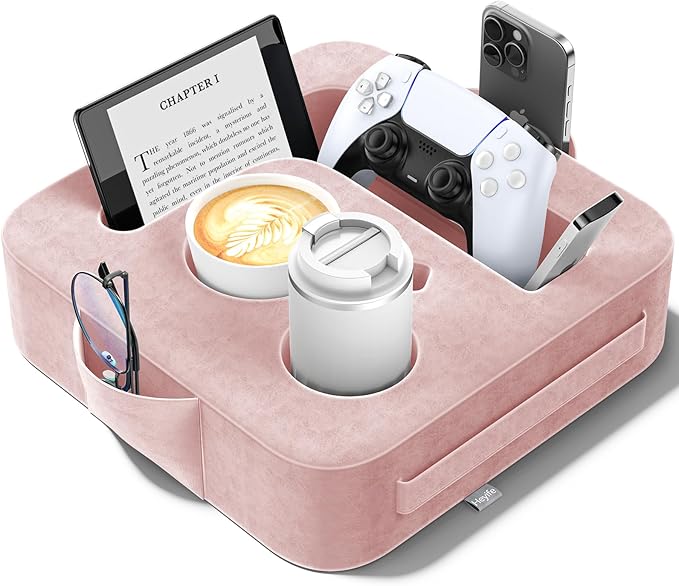 Couch Cup Holder Pillow, Sofa and Bed Caddy for iPad, Kindle, Switch, Game Controller, Remotes, Phones, Small-Sized Cup & Drink Holder for Couch, Bed, Desk, Car, Beach, Bathroom Cup Holder, Pink