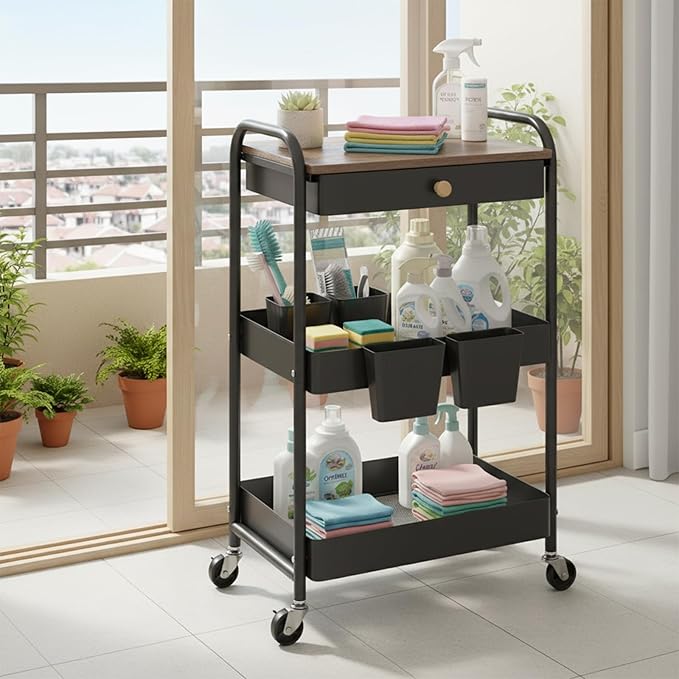 danpinera Rolling Cart with Drawers, Black Storage Cartwith Locked Wheels, Hooks & Hanging Cups for Any Room