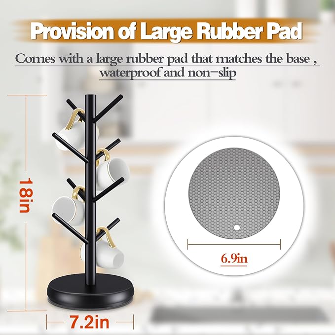 Bamboo Mug Holder Tree - Upgraded 360° Rotating 8 Hooks Coffee Cup Rack, Sturdy No-Tool Assembly Counter Organizer for Mugs, Jewelry & Accessories, Eco-Friendly Wood Stand(Black)