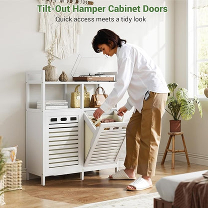Homykic Tilt Out Laundry Hamper Cabinet, Bamboo Double Laundry Hamper with 2 Removable Laundry Baskets, 20 Gal Laundry Sorter Organizer with Shelf for Dirty Clothes, Bathroom, Laundry Room, White