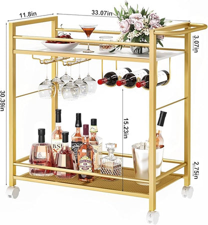 Bar Cart,Home Bar Serving Cart with Storage Shelves, 2 Tier Rolling Beverage Cart with Wheels, Modern Wine Cart with Wine Rack and Glass Holder for Kitchen, Living Room,Dinning Room,Gold