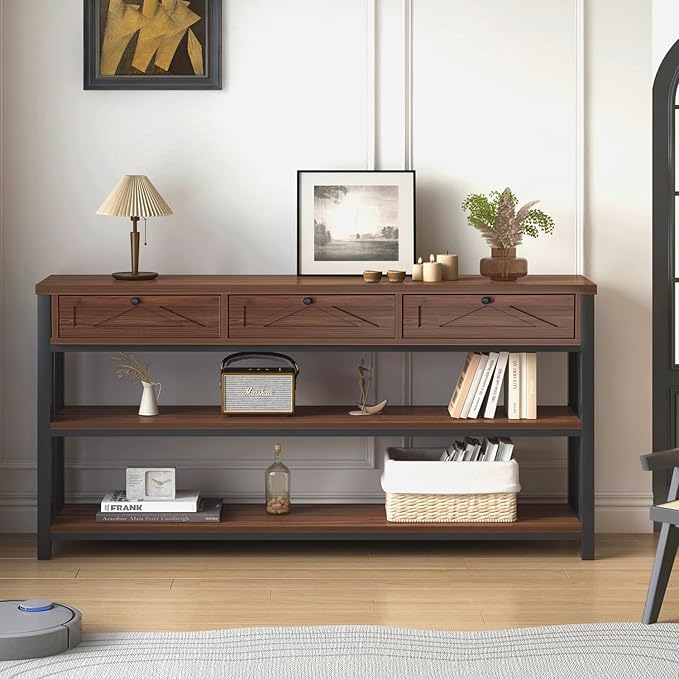 HSH 55” Sofa Table with Drawers, Entryway Table with Storage Shelf, 3 Tier Console Table with Storage Behind Couch for Living Room, Rustic Wood Metal Entry Hallway Table for Entrance, Walnut, 55 in