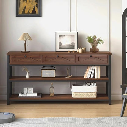 HSH 55” Sofa Table with Drawers, Entryway Table with Storage Shelf, 3 Tier Console Table with Storage Behind Couch for Living Room, Rustic Wood Metal Entry Hallway Table for Entrance, Walnut, 55 in