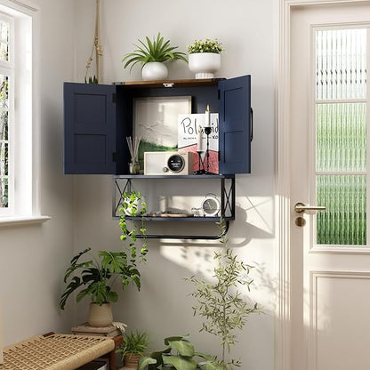 RUSTOWN Farmhouse Medicine Cabinet with 2 Barn Door, Boho Wood Wall Mounted Storage Cabinet with Adjustable Shelf and Towel Bar, 3-Tier Bathroom Cabinet for Bathroom (Navy Blue and Walnut)