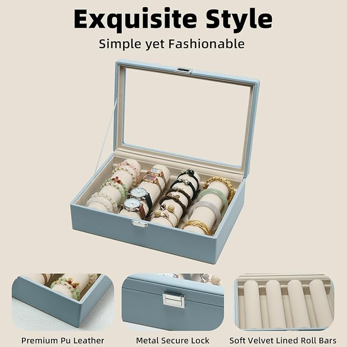 Bracelets Organizer Rods Bangles Display Holder, Clear See through Lid Leather Velvet Jewelry Storage Box Case for Women, 4 Rods Blue Leather