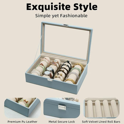 Bracelets Organizer Rods Bangles Display Holder, Clear See through Lid Leather Velvet Jewelry Storage Box Case for Women, 4 Rods Blue Leather