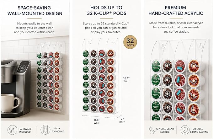 OnDisplay Wall Mount Acrylic Coffee Pod Holder Compatible with Keurig K-Cup Capsules, 32 Pod Capacity Clear K Cup Storage Organizer Rack for Kitchen Counter, Coffee Bar Stations and Pantry, No