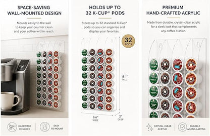 OnDisplay Wall Mount Acrylic Coffee Pod Holder Compatible with Keurig K-Cup Capsules, 32 Pod Capacity Clear K Cup Storage Organizer Rack for Kitchen Counter, Coffee Bar Stations and Pantry, No