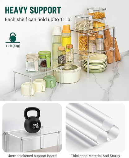 Bobomoment Acrylic Cabinet Organizer, Set of 2 Shelf Organizer, Spice Rack Organizer for Cabinet, Desk Countertop Organizer, Stackable Shelves for Pantry Kitchen Storage and Organization