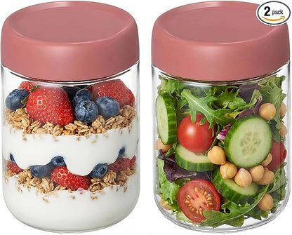2Pack Overnight Oats Containers with Lids, 16 oz Glass Mason Overnight Oats Jars, Wide Mouth Airtight Containers for Milk, Cereal, Fruit, Yogurt, Spice Sugar, Salad Dressing, Sauce