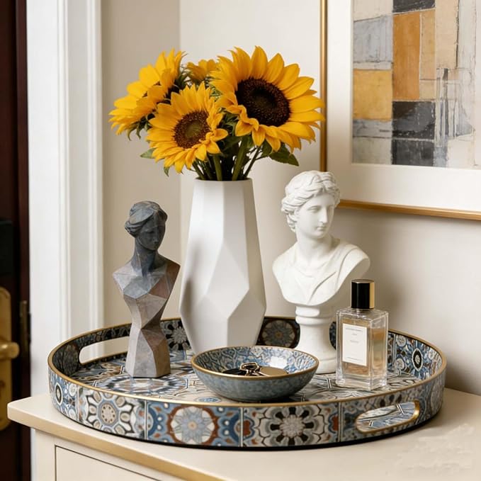 Round Serving Tray with Handles - Boho Coffee Table Tray Ottoman Tray,Large Trays for Ottoman Coffee Table,Modern Decorative Trays for Living Room