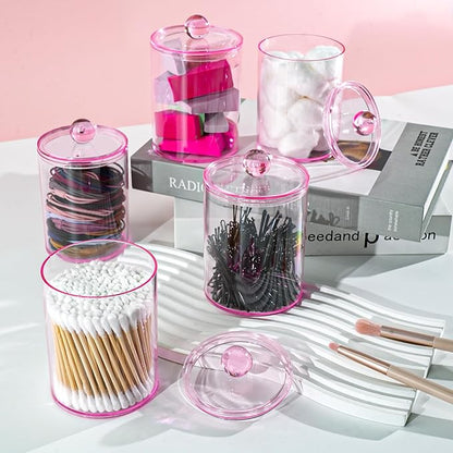 XIPENGKEJI 4 Pack Qtip Holder,Canister Apothecary Jar Set, Bathroom Jars with Lids Set for Cotton Swabs, Balls, Pads, Floss Picks,10oz-12oz Plastic Canisters Restroom Bedroom Vanity Organizer(Pink)