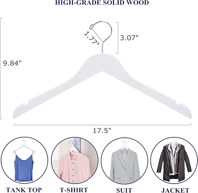 Amber Home 24 Pack White Wooden Hangers, White Wood Shirt Hangers with Notches for Dress, Clothes Hangers for Jacket, Coat, Bridal