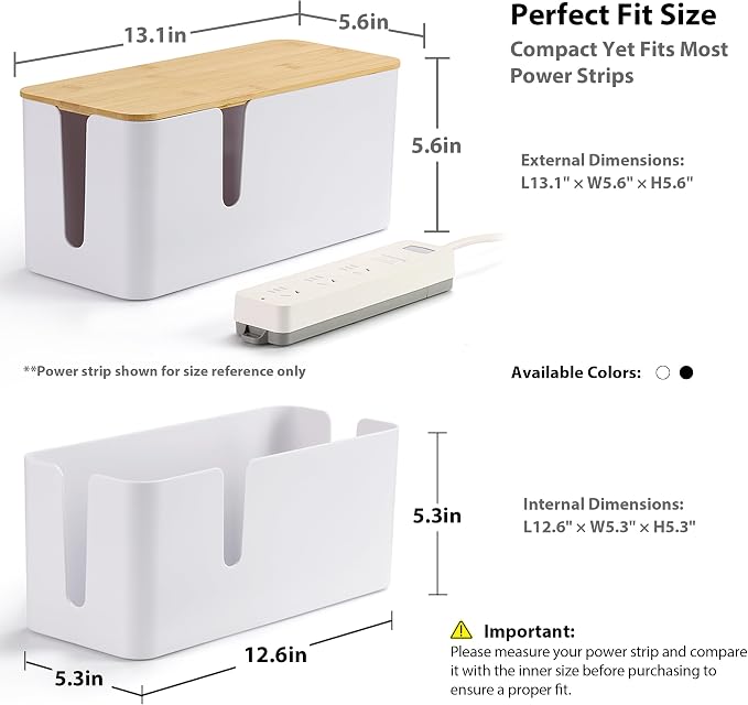 ZhiYo Bamboo Lid Cord Organizer Box, Safe ABS Cable Management Box for TV and Computer, Wood Cover Cord Hider to Hide Wires, Router, USB Hub & Under Desk Power Strip, 1 Pack L13.1 xW5.6 xH5.6 White