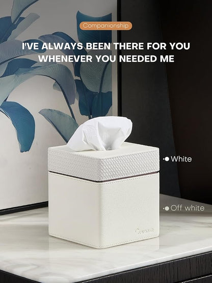 Cloudever Tissue Box Holder Cover, Modern PU Leather Square Decorative Tissue Holder Organizer-Woven New Off White