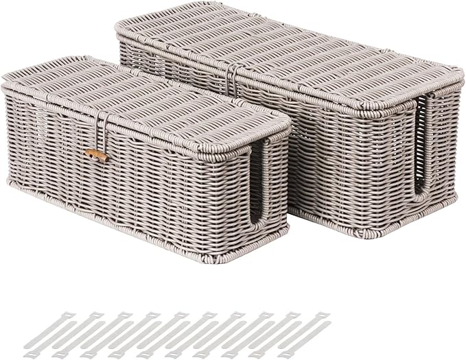 BROWNLILY Cable Management Box, Rattan Style Cord Organizer for Desk Cord Hider Outlet Covers for Power Strip TV PC Router Charger Under Desk Storage with Lockable Lid and Cable Ties