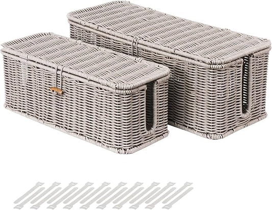 BROWNLILY Cable Management Box, Rattan Style Cord Organizer for Desk Cord Hider Outlet Covers for Power Strip TV PC Router Charger Under Desk Storage with Lockable Lid and Cable Ties