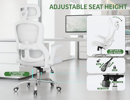 White Ergonomic Office Chair: Mesh Desk Chair Comfy with Adjustable Lumbar Support 400lbs High Back Computer Gaming Chair - Big and Tall Office Chairs with Extra Wide Seat-Adults Home Office