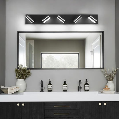 Modern LED Bathroom Lights Fixtures(5-Light),Metal Black Acrylic Wall Lighting,Vanity Lights for Bathroom Over Mirror(6000k 34in)