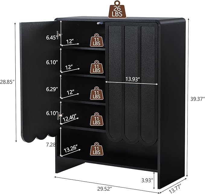 ORRD Shoe Storage Cabinet with Scalloped Doors, 5-Tier Wooden Shoe Cabinet with Adjustable Shelves, Shoes Rack Storage Organizer for Entryway, Hallway, Living Room, Black