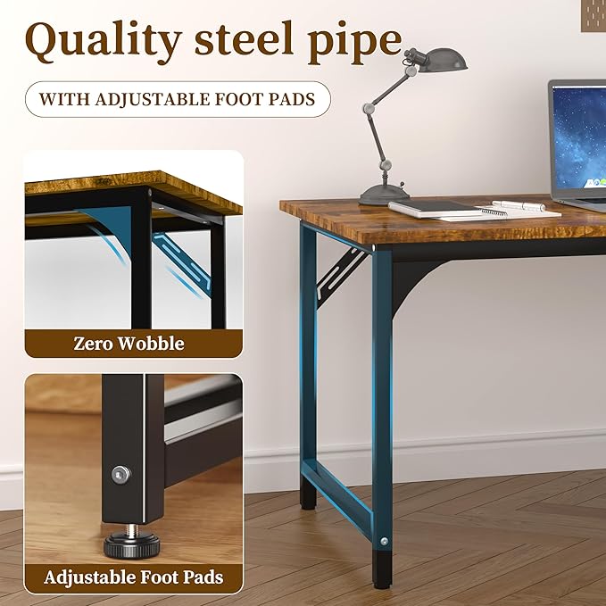 AZN Computer Desk, 55in Computer Desk, Office Desk w/Metal Frame, Office Desk w/Water-Resistant, Scratchproof Surface, Home Office Desks w/Large Legroom for Work Study Writing Gaming, Rustic Brown