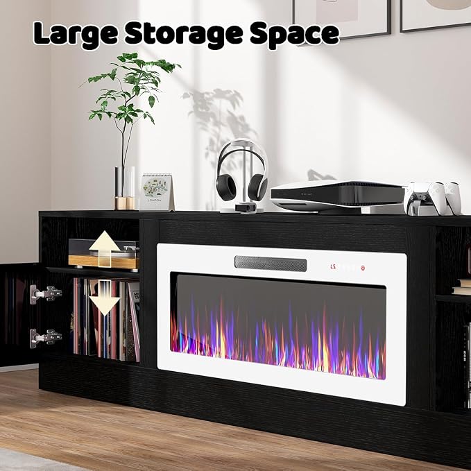 LEMBERI 80 Inch Fireplace TV Stand for TVs up to 90", 36" White Electric Fireplace Entertainment Center with 20-Color LED, 300lbs Max Capacity Modern Wood Media Console Cabinet, Black