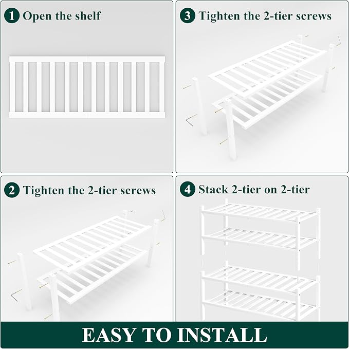 Smiry Bamboo Shoe Rack, 4 Tier Free Standing Wooden Shoe Organizer, Stackable Wood Shoe Storage Shelf for Closet, Entryway, 14 Vertical Slats, 2+2 Stack Heavy-Duty Legs, 26.8"x11"x26", White