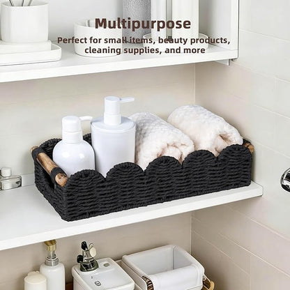 CubesLand Bathroom Basket Organizer w/Cut Out Handle, Back of Toilet Paper Storage Baskets for Bathroom Countertop Decorative, Small Scalloped Wicker Basket Also for Home Decor, Living Room, Black