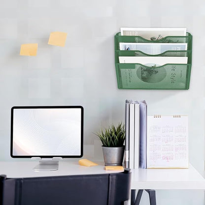 EASEPRES 3 Pocket Mesh Hanging Wall File Organizer, Wall Mounted Mail Paper Document Folder Holder, Clipboard Storage Organization Magazine Rack with Nametag Label for Office Home School, Dark Green