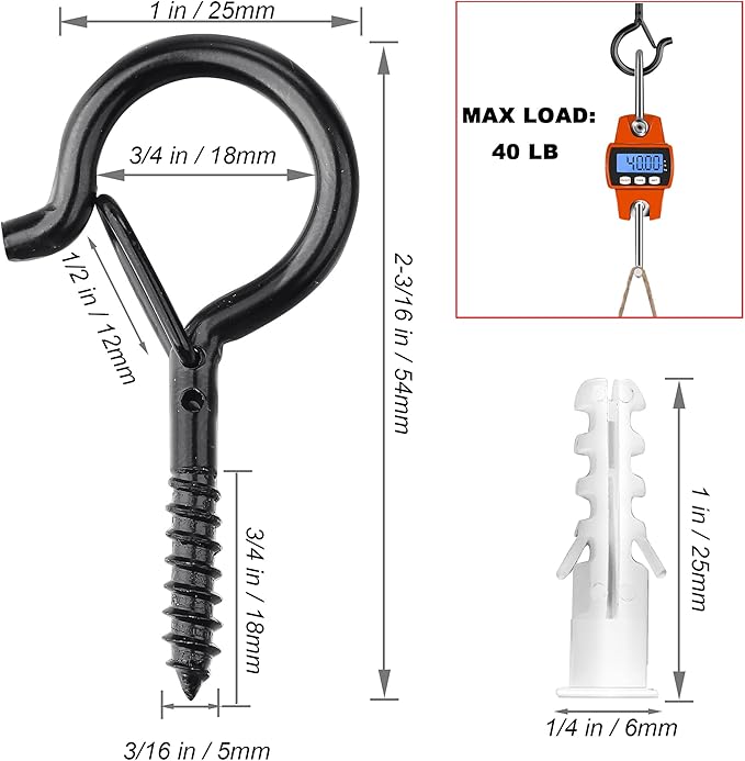 PlusRoc 40 Pack Christmas Light Hooks for Outdoor Seasonal Lighting Hooks, Outdoor Eye Hook Heavy Duty Screw in Q-Hanger, 2.2 Inch Black Cup Hooks, Wall Ceiling Deck Mount