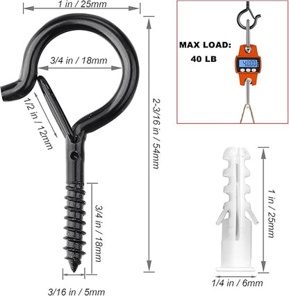 PlusRoc 40 Pack Christmas Light Hooks for Outdoor Seasonal Lighting Hooks, Outdoor Eye Hook Heavy Duty Screw in Q-Hanger, 2.2 Inch Black Cup Hooks, Wall Ceiling Deck Mount
