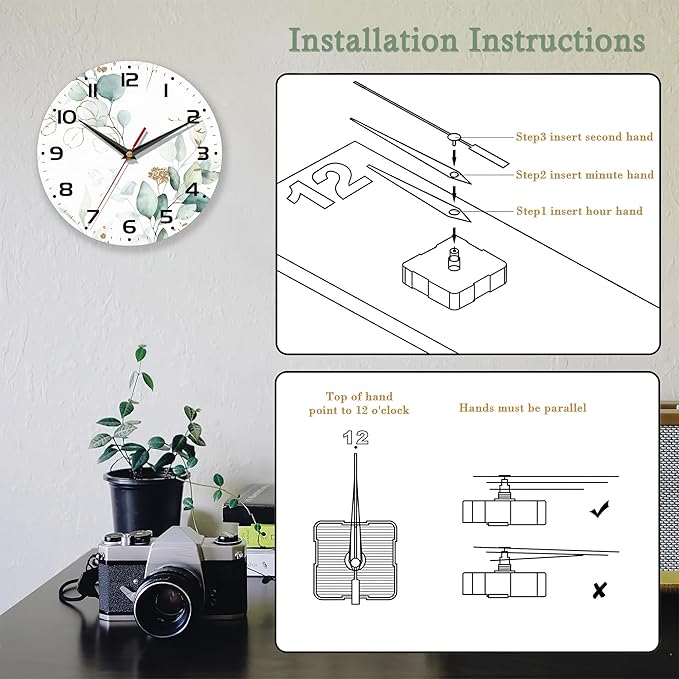 Wall Clocks Battery Operated,Eucalyptus Leaf Clock for Living Room,Decorative Wall Clock for Living Room,Bedroom,Bathroom,Kitchen,10 Inch