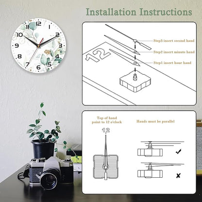 Wall Clocks Battery Operated,Eucalyptus Leaf Clock for Living Room,Decorative Wall Clock for Living Room,Bedroom,Bathroom,Kitchen,10 Inch
