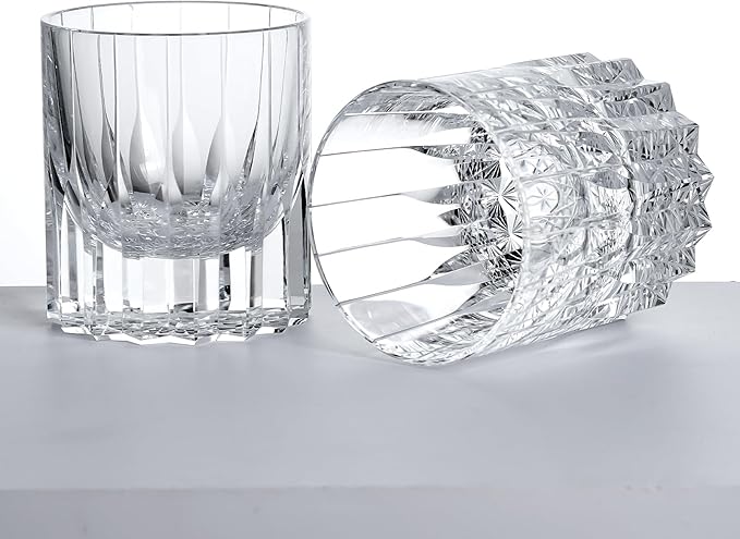 Lovelalty K9 Crystal Whiskey Glass Wooden Cup Mat Set 8.5oz Hand Engraving Asterism Kaleidoscope Pattern Old Fashioned Glass Wineglass Whisky Rock Glass