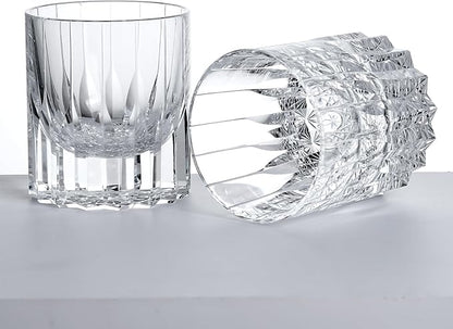 Lovelalty K9 Crystal Whiskey Glass Wooden Cup Mat Set 8.5oz Hand Engraving Asterism Kaleidoscope Pattern Old Fashioned Glass Wineglass Whisky Rock Glass