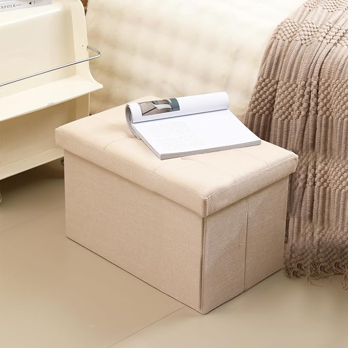 CUYOCA Storage Ottoman Cube Small Footrest Foldable Seat Foot Stools Square Tufted Ottoman Linen Black