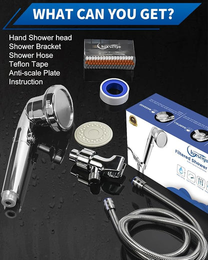 Filtered Shower Head for Hard Water with Stop, High Pressure 4-Mode Shower Heads Built-in Power Spray to Clean Corner, Tub & Pets, Water Softener Handheld Shower to Remove Chlorine & Fluoride