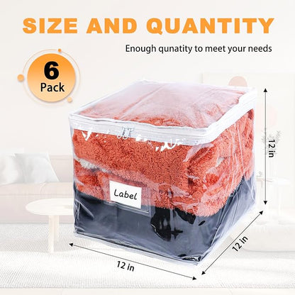 Clear Zippered Storage Bags Plastic Sweater Storage Bags with Zipper 6 Packs Clothing Organizer for Blankets Linen Sweater Bed Sheet Quilt Clothes Pillow (12 x 12 x 12 Inch, White)