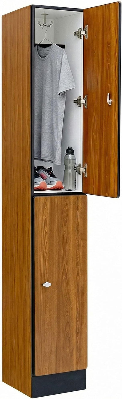 Alpine 2 Door Wooden Locker Cabinet - 72" Expandable Commercial Storage Lockers for Gym, Spa, Office & Golf Club - Includes Metal Base & Lock-Ready Handle, Single Column 2 Tier - Oak