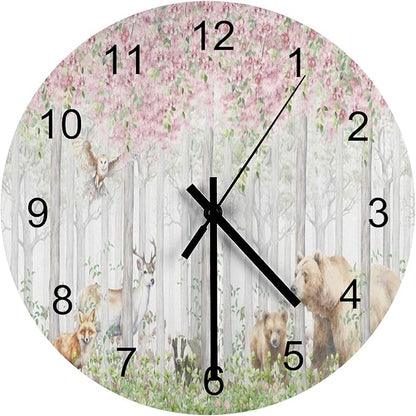 Forest Wall Clock Silent Non Ticking Battery Operated, Cartoon Nature Forest Flower Animal Bear, Deer, Fox, Rabbit Clock Decorative for Bathroom Kitchen Bedroom Living Room(12 Inch)