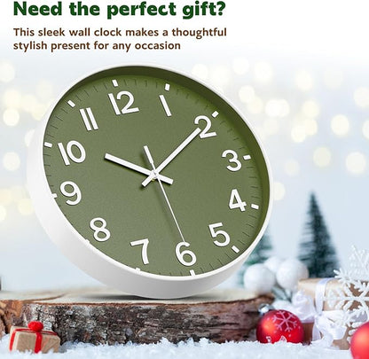 Silent Wall Clock Non-Ticking Battery Operated – Modern Olive Green Analog Wall Clock for Living Room, Kitchen, Office, Bedroom – Stylish Home Wall Decor Clock, 10 Inch