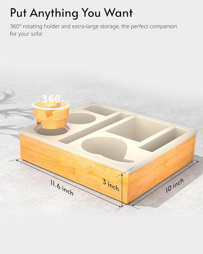 Couch Cup Holder Tray - Couch Organizer Caddy, Silicone Beach Caddy with Cup Holder, Sofa and Bed Drink Holder and Couch Tray Table for Snacks Beverage Remote (Beige)
