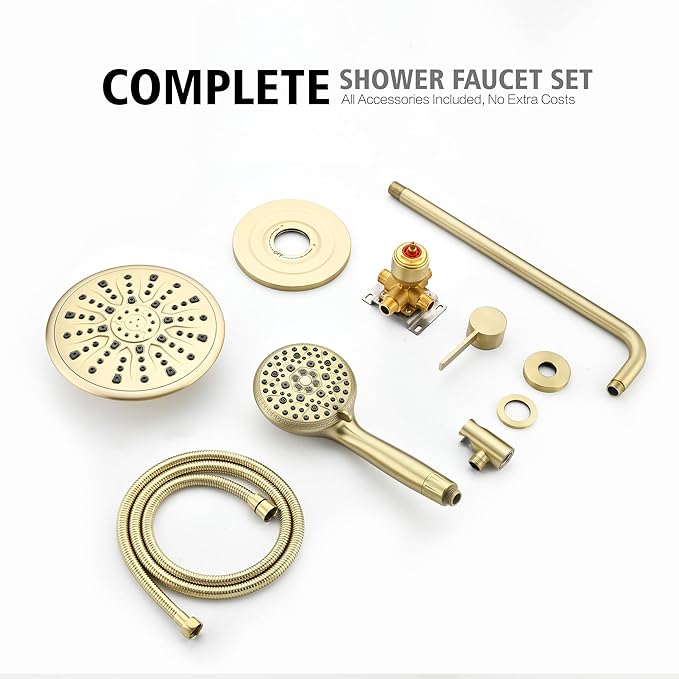 sumerain Brushed Gold 9 inch Rain Shower System with Filtered Handheld Shower Head for Hard Water, Rough-In Valve Included