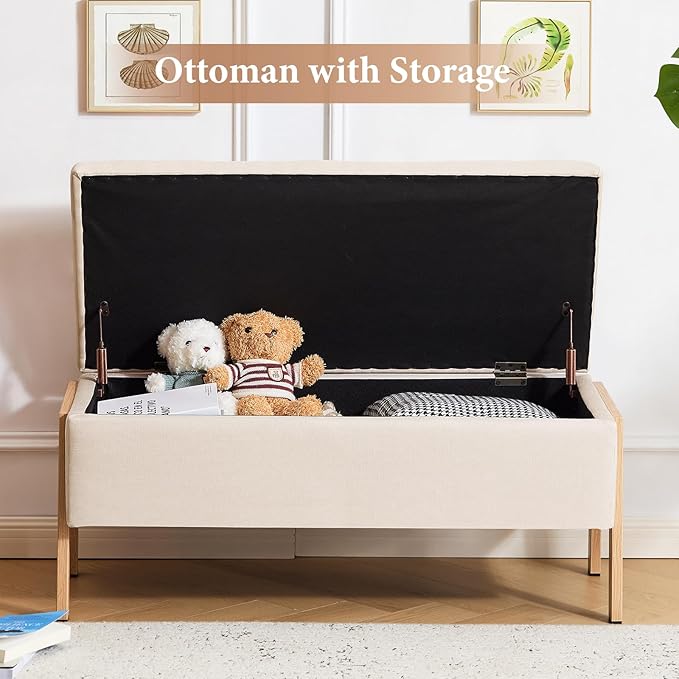 Furniliving Storage Bench for Bedroom, Modern End of Bed Storage Ottoman Bench, Upholstered Linen Ottoman Benches, Folding Bedroom Ottoman for Living Room, Entryway, Beige