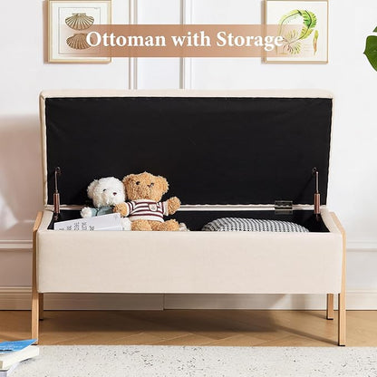 Furniliving Storage Bench for Bedroom, Modern End of Bed Storage Ottoman Bench, Upholstered Linen Ottoman Benches, Folding Bedroom Ottoman for Living Room, Entryway, Beige