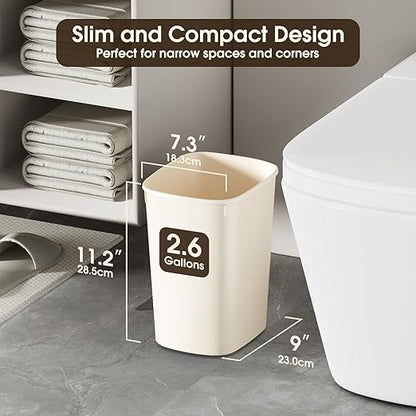 CEROELDA Bathroom Trash Can with Lid, 10L/2.6 Gal Small Garbage Can with Press Top Lid, Slim Plastic Waste Basket for Toilet, Office, Bedroom(Beige)